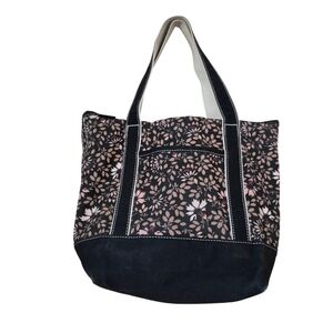 Lands End Medium Open Top Regular Handle Canvas Tote Bag Natural Floral